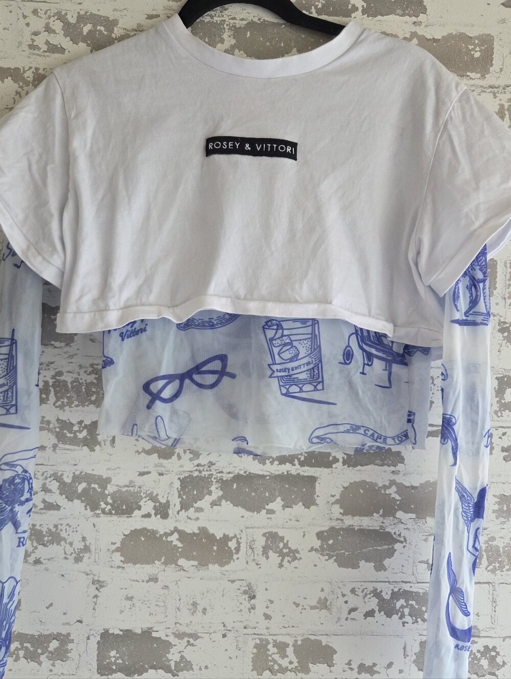 Rosey & Vittori Cape Town Mesh Layered Crop Top Tee White Blue Large